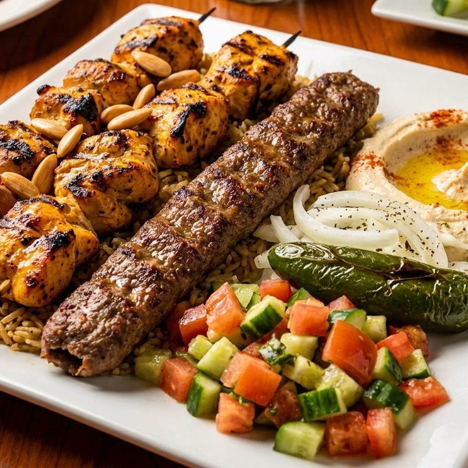 A platter with chicken and beef kebabs, rice, hummus, salad, grilled pepper, and onions.