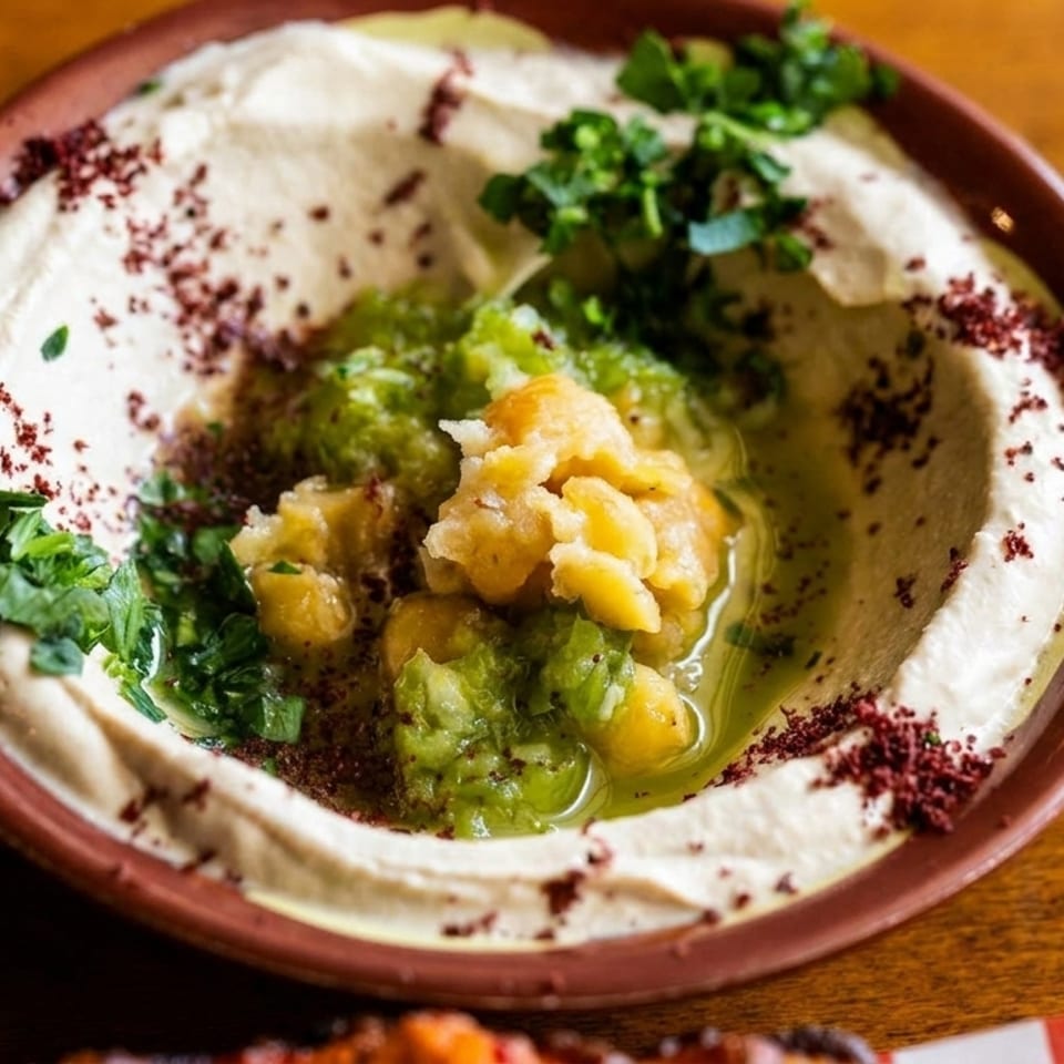 Creamy hummus topped with green relish, chickpeas, olive oil, sumac, and fresh parsley in a brown bowl.