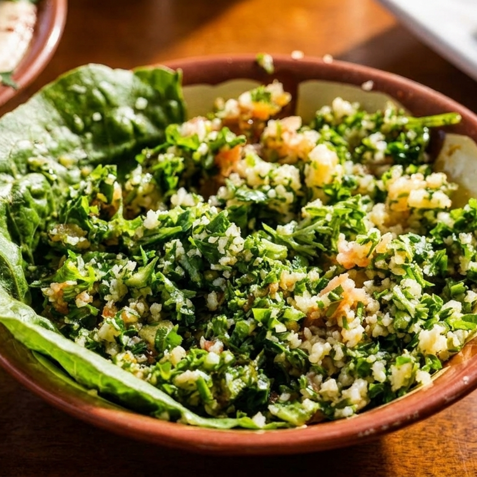 A bowl of fresh tabbouleh salad with parsley, bulgur, and tomatoes, garnished with lettuce.