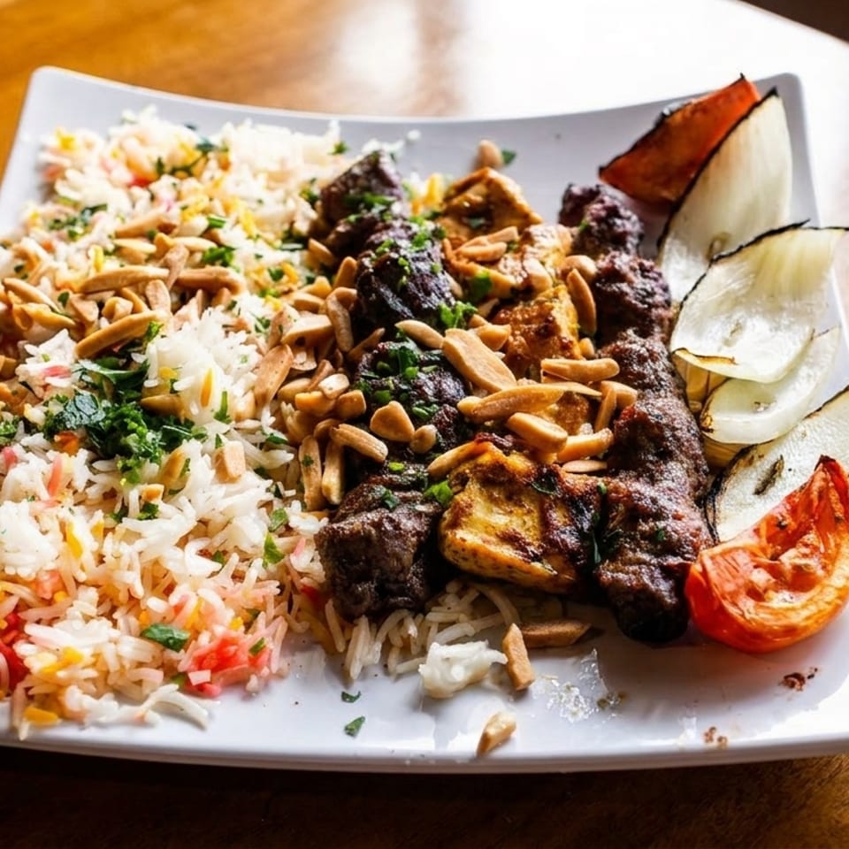 A white plate with grilled meat skewers, rice pilaf topped with almonds, and roasted vegetables.