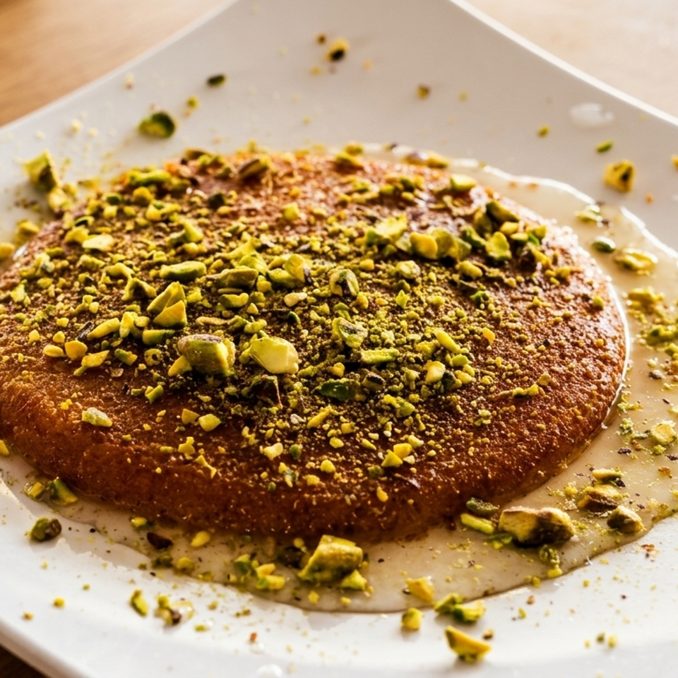 A round, golden-brown dessert, possibly kunafa, topped with chopped pistachios and drizzled with syrup on a white plate.