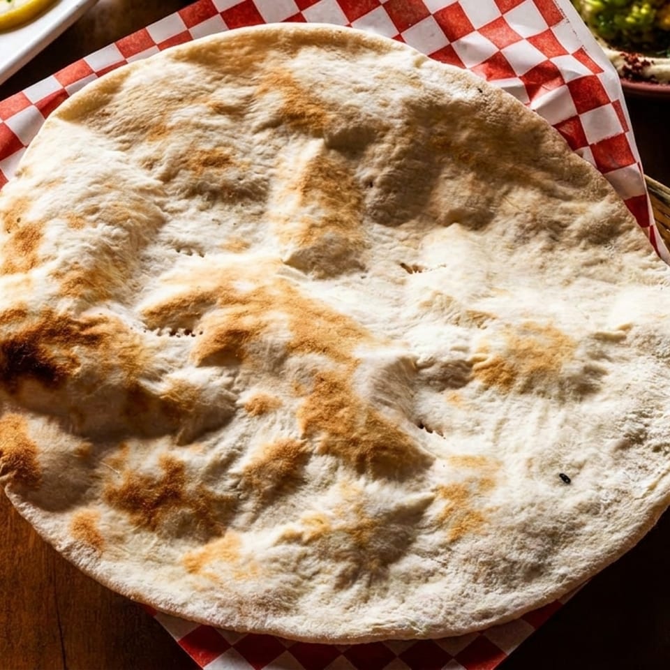 Warm pita bread in a basket with red and white checkered paper, next to a plate of food.