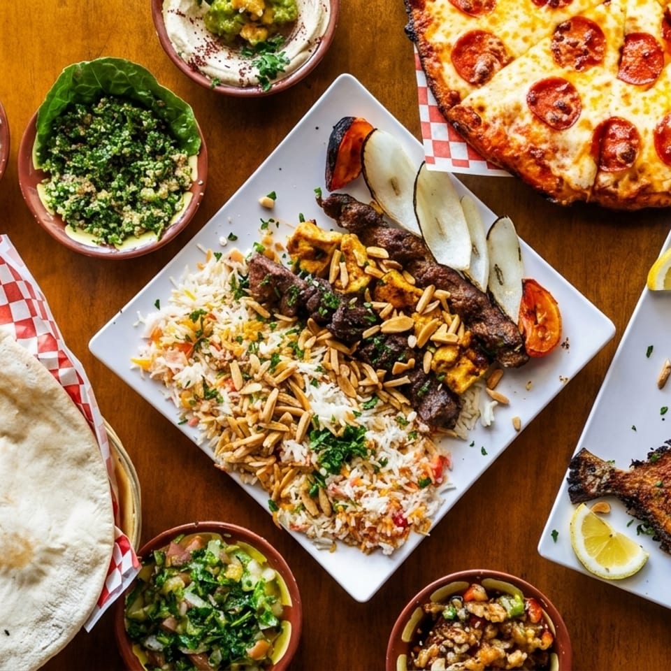 A feast of Middle Eastern dishes including kebabs, rice, grilled fish, pizza, and various dips.