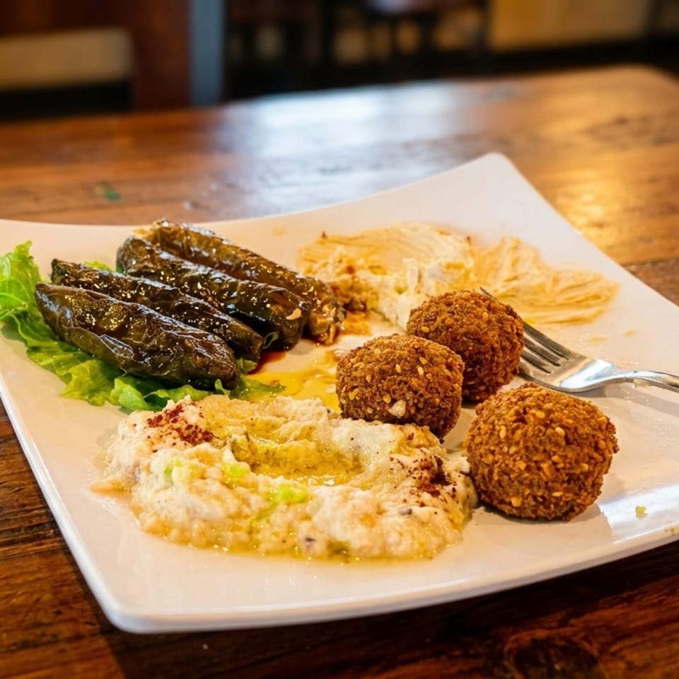 A white plate of falafel, stuffed grape leaves, and hummus on a wooden table.