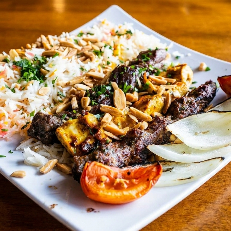 Grilled meat skewers with rice, toasted almonds, and roasted vegetables on a white plate.