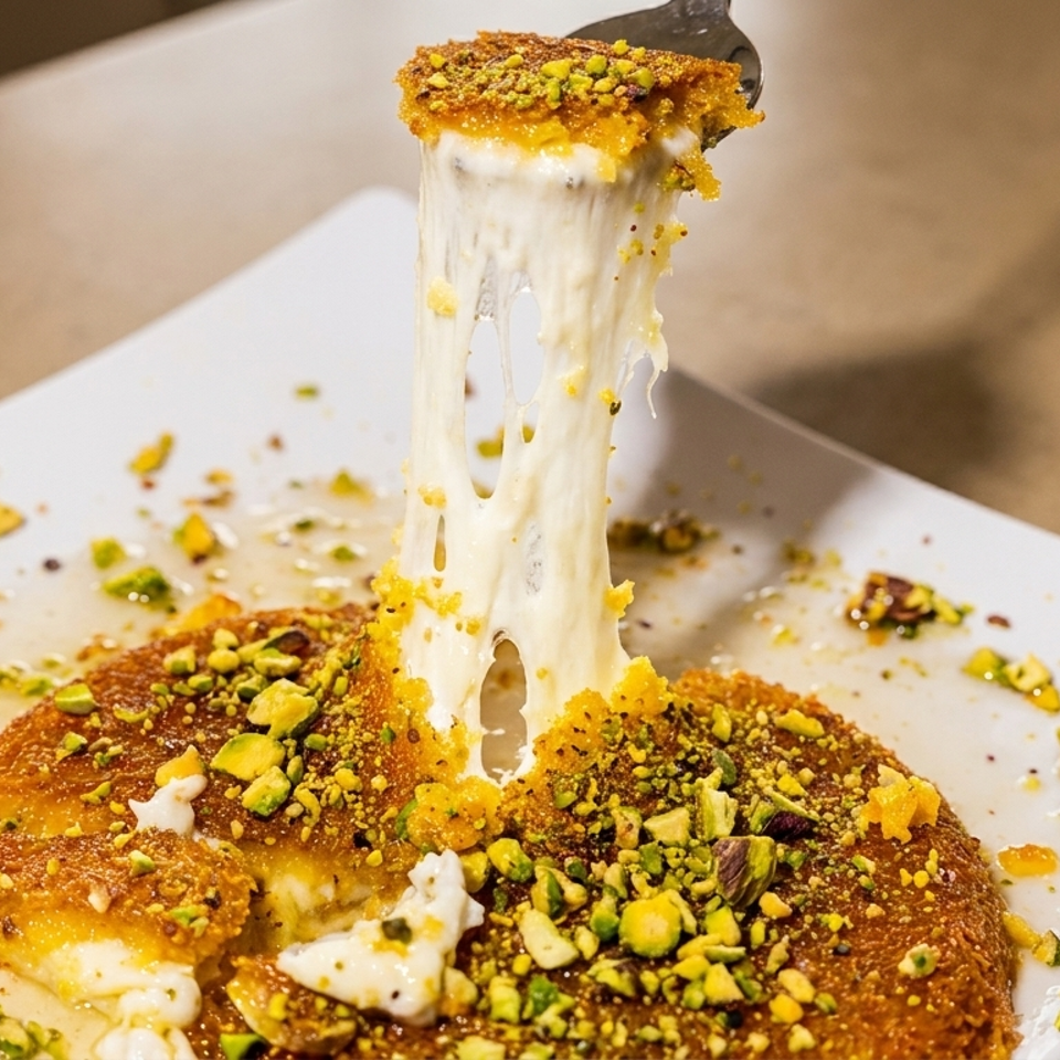 A fork lifts a piece of kunafa, showing stretchy cheese, honey, and pistachios on a white plate.